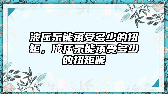 液壓泵能承受多少的扭矩，液壓泵能承受多少的扭矩呢