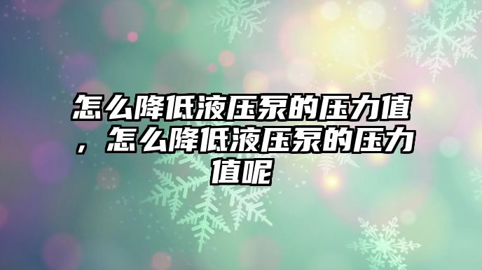 怎么降低液壓泵的壓力值，怎么降低液壓泵的壓力值呢